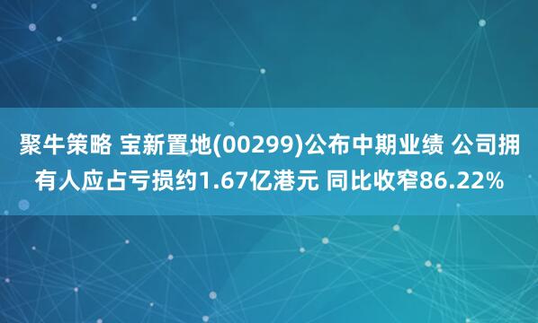 聚牛策略 宝新置地(00299)公布中期业绩 公司拥有人应占亏损约1.67亿港元 同比收窄86.22%